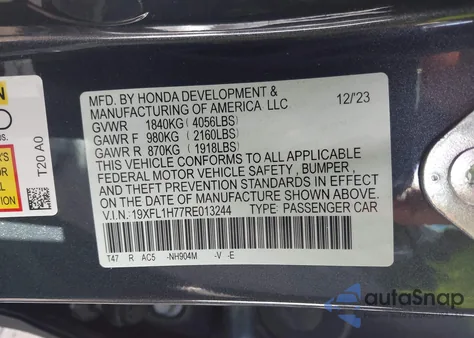 2024 Honda Civic Ex-L из США, поврежденный, VIN 19XFL1H77RE013244